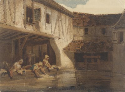 Lavagem de mulheres num salão aberto de um complexo habitacional à beira-mar de Louis Adolphe Hervier (signed by artist)