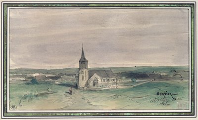 Igreja e Aldeia no Meio de um Campo, Montigny, 1866 (caneta e tinta sobre papel) de Louis Adolphe Hervier