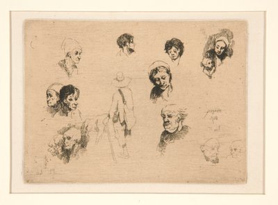 Vários esboços, cabeças de Louis Adolphe Hervier