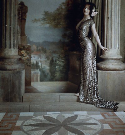 Mulher semi-nua em vestido prateado estampado de diamante em interior clássico, c.1850-1900 (mantocromo, mascarado para quadrado, com fita de papel) de Louis Amedee Mante and Edmond Goldschmidt