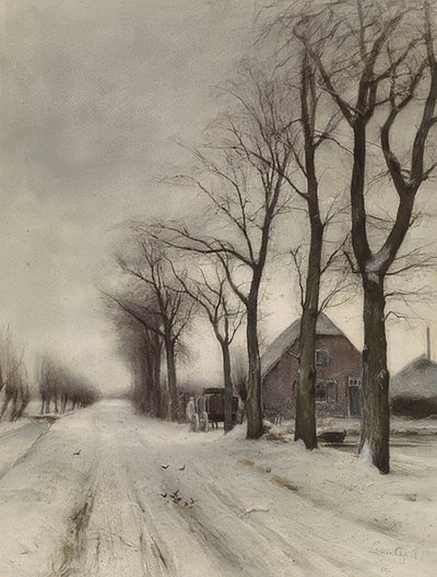 Winterlandschaft mit Bauernhof an einer Allee (paisagem de inverno com fazenda em uma avenida) de Louis Apol