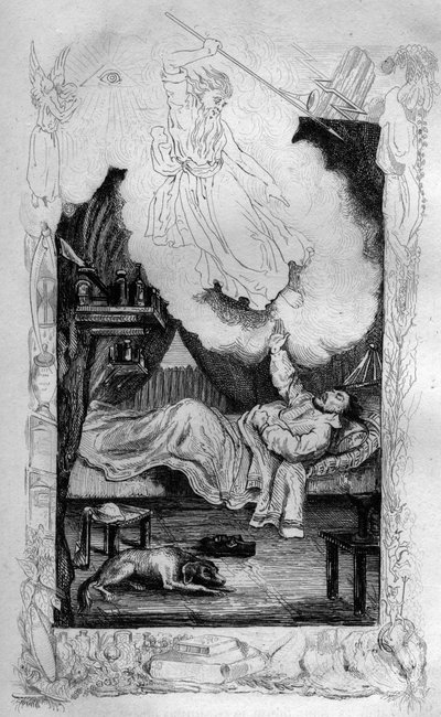 Porque você não se converteu morrerá... gravando depois do desenho de M. de Sainson para o Livro de Daniel Defoe (De foe) "Robinson Crusoe" edição francesa de 1837. de Louis Auguste de Sainson