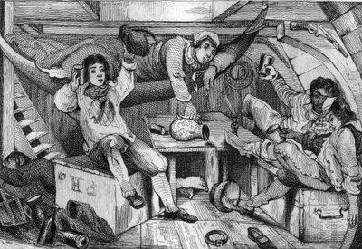 Eu estava bêbado e numa noite de deboche afoguei todos os meus arrependidos... gravando depois do desenho de M. de Sainson para o Livro de Daniel Defoe (De foe) "Robinson Crusoe" edição francesa de 1837. de Louis Auguste de Sainson