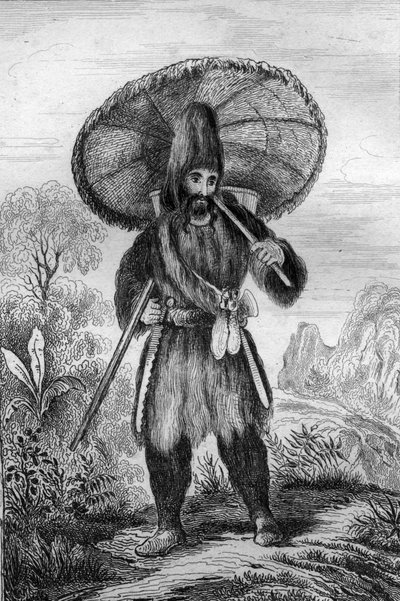 Eu estava usando um chapéu de altura... gravando depois do desenho de M. de Sainson para o Livro de Daniel Defoe (De foe) "Robinson Crusoe" edição francesa de 1837. de Louis Auguste de Sainson