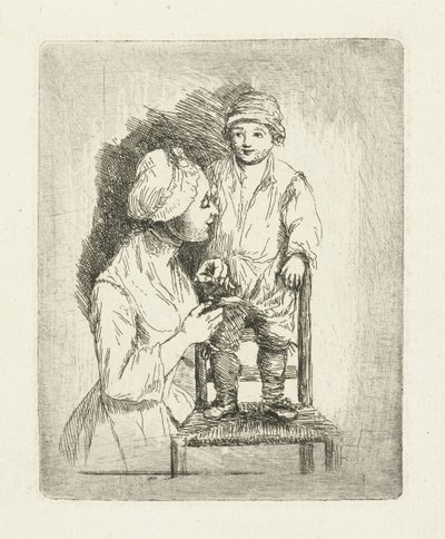Uma mãe abotoa as calças do filho de Louis Bernard Coclers