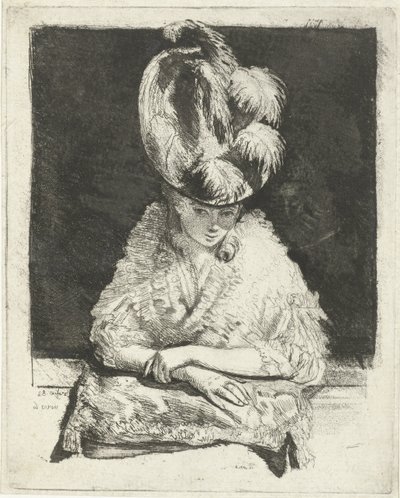 Retrato de uma jovem mulher com chapéu a olhar pela janela de Louis Bernard Coclers