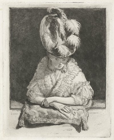 Retrato de uma jovem mulher com chapéu a olhar pela janela de Louis Bernard Coclers