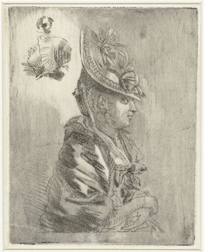 Folha de estudo com o retrato de uma jovem com chapéu e dois retratos menores de Louis Bernard Coclers