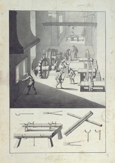 Fabrico de canhões, desenho para a &39;Description des Arts et Métiers&39;, de L. Simonneau, que inspirou Diderot para a Encyclopédie de Louis Bretez
