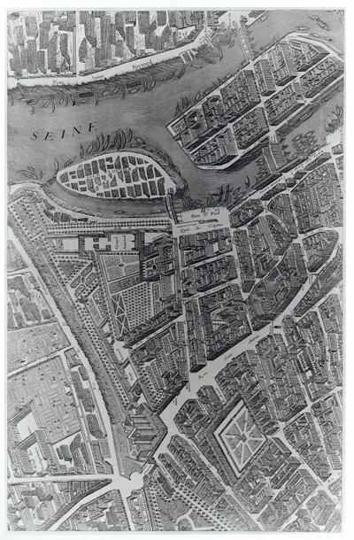 Plano de Paris, conhecido como o "Plano de Turgot", gravado por Claude Lucas, 1734-39 (gravura) (foto bw) (detalhe) de Louis Bretez