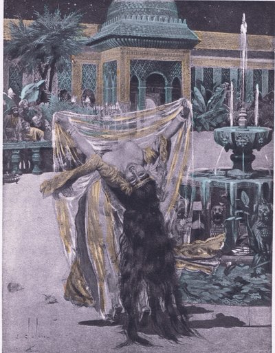 O Soldado da filha da Babilônia dançando, ilustração de Decameron de Boccaccio publicada pela Sociedade Navarra 1930 (litho) de Louis Chalon