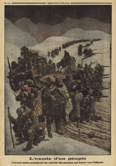 Êxodo de um povo: o exército sérvio protegendo uma coluna de camponeses que fogem para a Albânia, Primeira Guerra Mundial de Louis Charles (after) Bombled