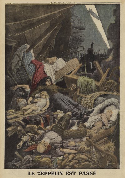 Família morta num ataque a bomba por um Zeppelin alemão, Guerra Mundial I,1916 (cor litho) de Louis Charles (after) Bombled