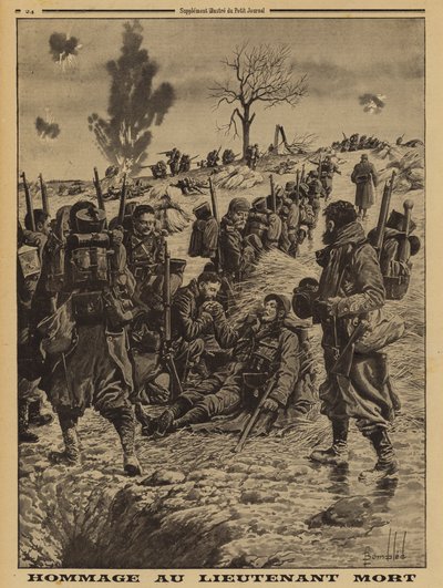 Soldados franceses prestam homenagem a um tenente morto em combate, na Primeira Guerra Mundial. de Louis Charles (after) Bombled