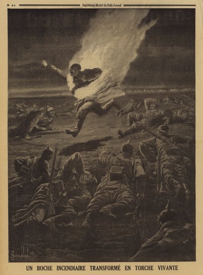 Soldado alemão carregando materiais inflamáveis transformados numa tocha humana durante uma batalha nocturna, a Primeira Guerra Mundial de Louis Charles (after) Bombled