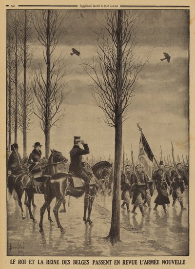 O Rei Alberto I e a Rainha Elisabeth dos Belgas revendo o seu novo exército, a Primeira Guerra Mundial. de Louis Charles (after) Bombled