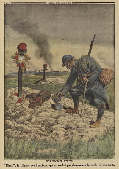 Lealdade: O cão do exército francês recusa-se a deixar a sepultura do seu falecido amo, a Primeira Guerra Mundial. de Louis Charles (after) Bombled