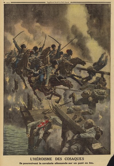 Cossacos russos perseguindo a cavalaria alemã através de uma ponte em chamas sobre o rio Strypa, Primeira Guerra Mundial de Louis Charles (after) Bombled