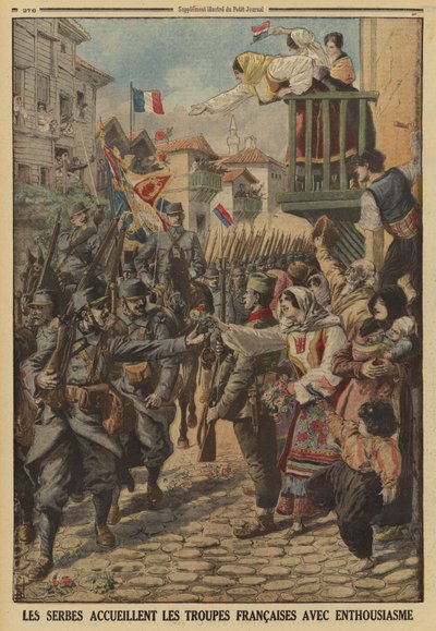 Civis sérvios saúdam com entusiasmo a chegada das tropas francesas, Primeira Guerra Mundial de Louis Charles (after) Bombled