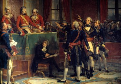 Os três cônsules: Bonaparte, Cambáceres e Lebrun recebendo os juramentos dos presidentes À direita, Emmanuel-Joseph (Emmanuel Joseph) Sieyes (1748-1836) e Pierre-Roger (Pierre Roger) Ducos (Roger Ducos) (1747-1816). Pintura de Louis Charles Auguste Coud de Louis Charles Auguste Couder
