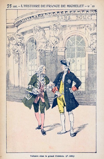 François Voltaire (1694-1778) com o rei Frederico II da Prússia (1712-86) em Sanssouci perto de Potsdam, de &39;Histoire de France&39; por Jules Michelet (1798-1874) c.1900 de Louis Charles Bombled