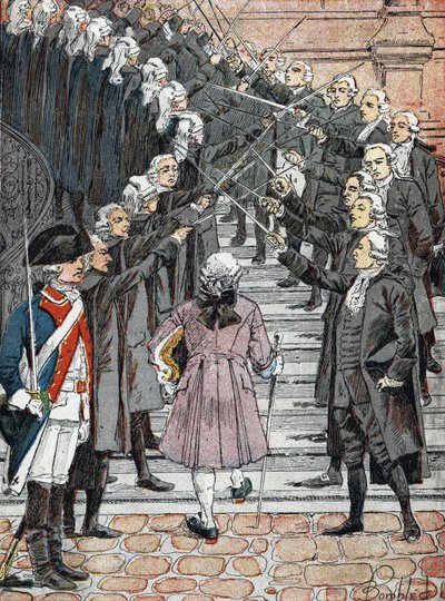 Revolução Francesa: O Rei da França Luís XVI convocado a vir à Câmara Municipal de Paris atravessa a "abóbada de aço" dos guardas de Louis Charles Bombled