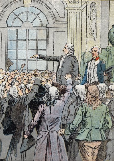 Revolução Francesa: "O deputado Jean Sylvain Bailly (1736-1793) foi eleito prefeito de Paris em 15/07/1789, na presença de La Fayette" (líder político Jean-Sylvain Bailly eleito prefeito de Paris em 15/07/1789) Ilustração de Louis Charles B de Louis Charles Bombled