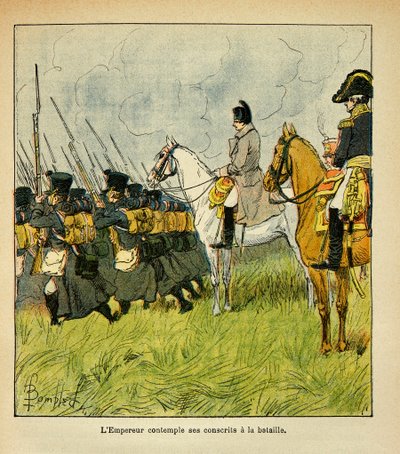Ilustração de Bombled Louis (1862-1927) do livro "O Memorial de Santa Helena" do Conde Emmanuel de Las Cases (1766-1842): O Imperador Napoleão contempla seus conscritos durante uma batalha, Coleção Privada de Louis Charles Bombled
