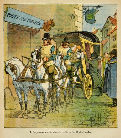 Ilustração de Bombled Louis (1862-1927) do livro "O Memorial de Santa Helena" do Conde Emmanuel de Las Cases (1766-1842): O Imperador Napoleão vai de carro ao encontro de sua esposa Marie Louise em 1810, Coleção Particular de Louis Charles Bombled