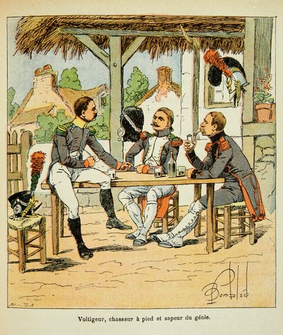 Ilustração de Bombled Louis (1862-1927) do livro "O Memorial de Santa Helena" do Conde Emmanuel de Las Cases (1766-1842): Armee Francaise: Voltigeur; caçador e sapeur do gênio, Coleção Privada de Louis Charles Bombled