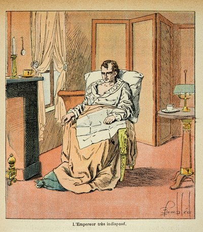Ilustração de Bombled Louis (1862-1927) do livro "O Memorial de Santa Helena" do Conde Emmanuel de Las Cases (1766-1842): O Imperador Napoleão doente em Santa Helena, Coleção Particular de Louis Charles Bombled