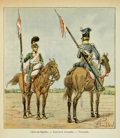 Ilustração de Bombled Louis (1862-1927) do livro "O Memorial de Santa Helena" do Conde Emmanuel de Las Cases (1766-1842): Os Cavalos Leves da Guarda: Lancier francês e polaco, Coleção Particular de Louis Charles Bombled