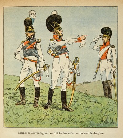 Ilustração de Bombled Louis (1862-1927) do livro "O Memorial de Santa Helena" do Conde Emmanuel de Las Cases (1766-1842): Militares Bávaros: Coronel dos Cavalos de Luz; Oficial Bávaro; Coronel dos Dragões, Coleção Particular de Louis Charles Bombled
