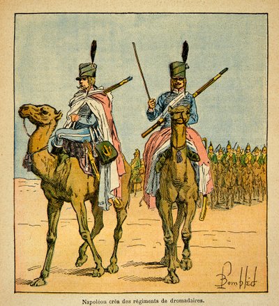 Ilustração de Bombled Louis (1862-1927) do livro "O Memorial de Santa Helena" do Conde Emmanuel de Las Cases (1766-1842): Durante a Campanha Egípcia Napoleão Bonaparte criou regimentos de camelos, Coleção Particular de Louis Charles Bombled