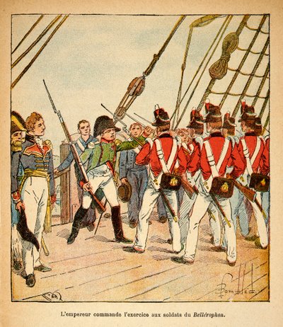 Ilustração de Bombled Louis (1862-1927) do livro "O Memorial de Santa Helena" do Conde Emmanuel de Las Cases (1766-1842): O Imperador Napoleão comanda o exercício aos soldados ingleses a bordo do Bellerophon, Coleção Privada de Louis Charles Bombled