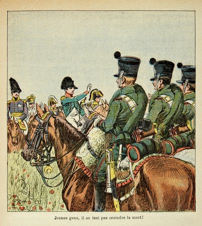 Ilustração de Bombled Louis (1862-1927) do livro "O Memorial de Santa Helena" do Conde Emmanuel de Las Cases (1766-1842): Napoleão harangue as tropas, Coleção Privada de Louis Charles Bombled