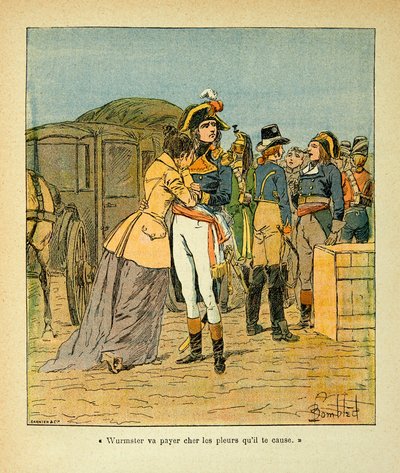Ilustração de Bombled Louis (1862-1927) do livro "O Memorial de Santa Helena" do Conde Emmanuel de Las Cases (1766-1842): Bonaparte recompensa Josefina após o ataque ao seu carro durante a campanha italiana, Coleção Privada de Louis Charles Bombled