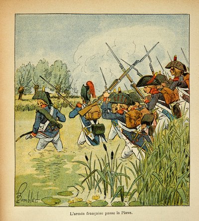 Ilustração de Bombled Louis (1862-1927) do livro "O Memorial de Santa Helena" do Conde Emmanuel de Las Cases (1766-1842): A Armee francesa passa a Piave durante a Campanha Italiana, Coleção Particular de Louis Charles Bombled