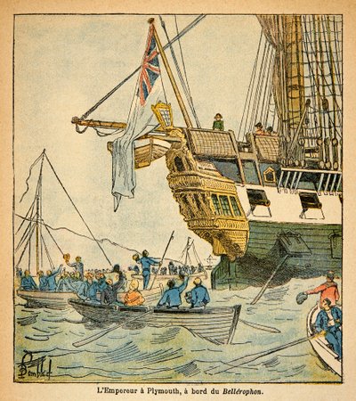 Ilustração de Bombled Louis (1862-1927) do livro "O Memorial de Santa Helena" do Conde Emmanuel de Las Cases (1766-1842): O Imperador Napoleão a bordo do Bellerophon chegou a Plymouth em 1815, Coleção Particular de Louis Charles Bombled