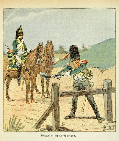 Ilustração de Bombled Louis (1862-1927) do livro "O Memorial de Santa Helena" do Conde Emmanuel de Las Cases (1766-1842): Arma Francesa: Dragon and Dragon Sapper, Coleção Particular de Louis Charles Bombled