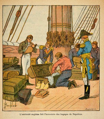 Ilustração de Bombled Louis (1862-1927) do livro "O Memorial de Santa Helena" do Conde Emmanuel de Las Cases (1766-1842): O Admiraut inglês faz um inventário da bagagem do Imperador Napoleão antes de sua partida para Santa Helena em 1815, Priva de Louis Charles Bombled