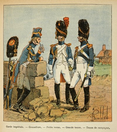 Ilustração de Bombled Louis (1862-1927) do livro "O Memorial de Santa Helena" do Conde Emmanuel de Las Cases (1766-1842): Grenadiers da Guarda Imperial: Roupa pequena; roupa grande e roupa de campo, coleção privada de Louis Charles Bombled