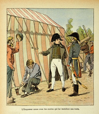 Ilustração de Bombled Louis (1862-1927) do livro "O Memorial de Santa Helena" do Conde Emmanuel de Las Cases (1766-1842): O Imperador Napoleão fala com os marinheiros que lhe montaram uma tenda, Coleção Particular de Louis Charles Bombled