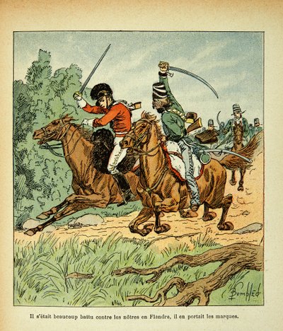 Ilustração de Bombled Louis (1862-1927) do livro "O Memorial de Santa Helena" do Conde Emmanuel de Las Cases (1766-1842): Combate entre cavaleiros franceses e ingleses, Coleção privada de Louis Charles Bombled