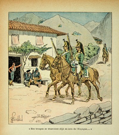 Ilustração de Bombled Louis (1862-1927) do livro "O Memorial de Santa Helena" do Conde Emmanuel de Las Cases (1766-1842): Tropas francesas durante a Guerra Espanhola, Coleção Privada de Louis Charles Bombled
