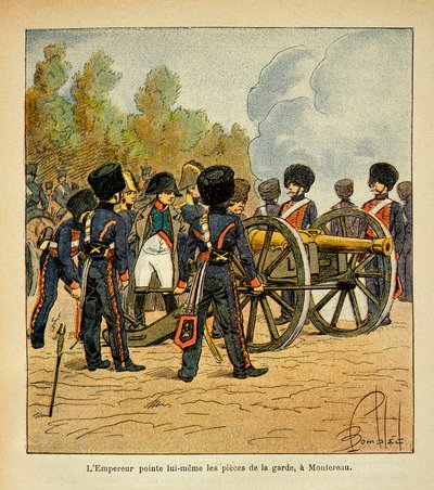 Ilustração de Bombled Louis (1862-1927) do livro "O Memorial de Santa Helena" do Conde Emmanuel de Las Cases (1766-1842): O próprio Imperador Napoleão aponta as armas da Guarda na Batalha de Montereau, Coleção Particular de Louis Charles Bombled