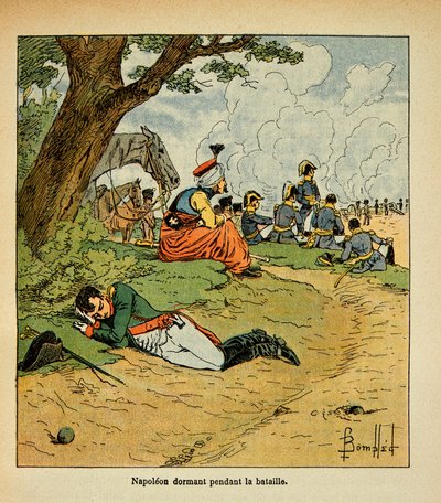Ilustração de Bombled Louis (1862-1927) do livro "O Memorial de Santa Helena" do Conde Emmanuel de Las Cases (1766-1842): O Imperador Napoleão dormindo durante a batalha, Coleção Particular de Louis Charles Bombled