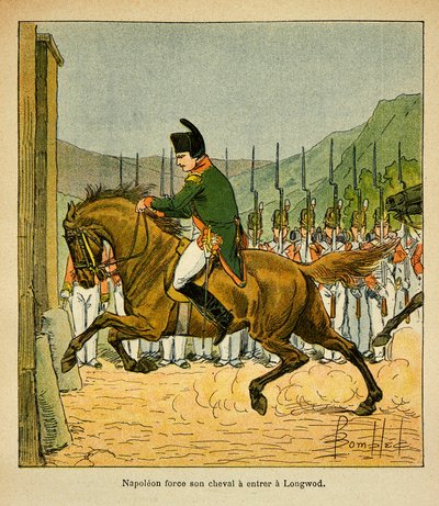 Ilustração de Bombled Louis (1862-1927) do livro "The Memorial of St. Helene" do Conde Emmanuel de Las Cases (1766-1842): O Imperador Napoleão força seu cavalo a entrar em Longwood em St. Helene, Coleção Particular de Louis Charles Bombled