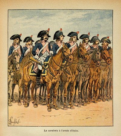 Ilustração de Bombled Louis (1862-1927) do livro "The Memorial of St. Helene" do Conde Emmanuel de Las Cases (1766-1842): Cavalaria com a Armee da Itália, Coleção Particular de Louis Charles Bombled