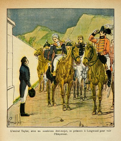 Ilustração de Bombled Louis (1862-1927) do livro "The Memorial of St. Helene" do Conde Emmanuel de Las Cases (1766-1842): O Almirante Taylor com um Estado-Maior se apresenta em Longwood para conhecer o Imperador Napoleão, Coleção Particular de Louis Charles Bombled